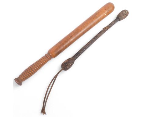 An Antique turned wood truncheon, 43cm, and a rope-covered fisherman's cosh (2)