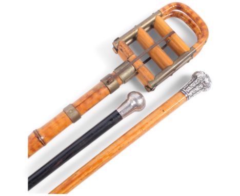 2 silver-mounted walking canes, and a bamboo shooting stick, 89cm (3)
