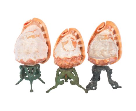 3 Vintage carved cameo nautilus shell lamps, on cast-metal bases, with tripod supports, tallest 21cm (for re-wiring)