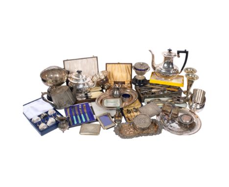 Various silver plate, including pair of trumpet bud vases, cased cutlery, tea sets, photo frame, etc