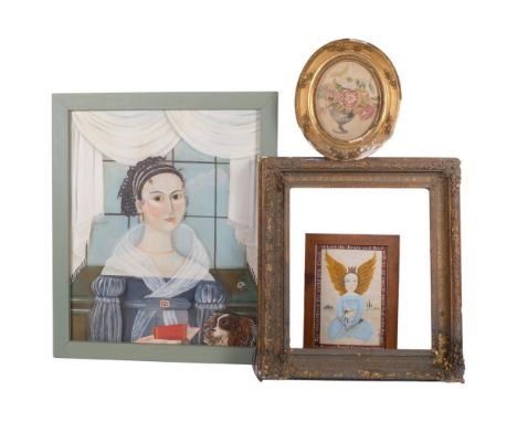 Oil on canvas, portrait of 18th century lady, together with another portrait Antique needlepoint and giltwood frame