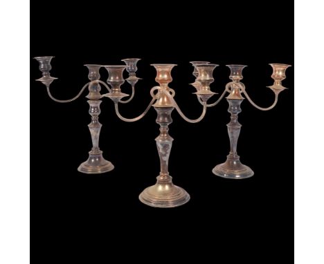 A set of 3 Antique silver plate on copper 3-light table candelabra, H30cm
