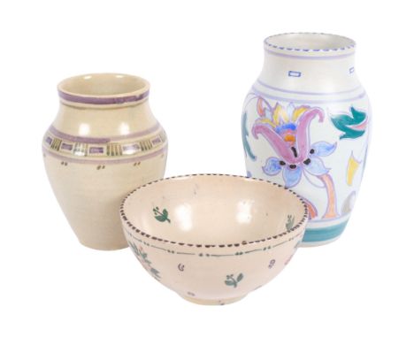 An early Carter Stabler &amp; Adams Poole Pottery vase with painted frieze, 17cm, a similar bowl, and a Poole vase with paint