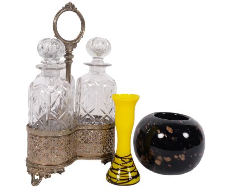 A set of 2 Victorian cut-glass decanters on plated trefoil-shaped stand, H33cm, together with a Murano gold flecked black gla
