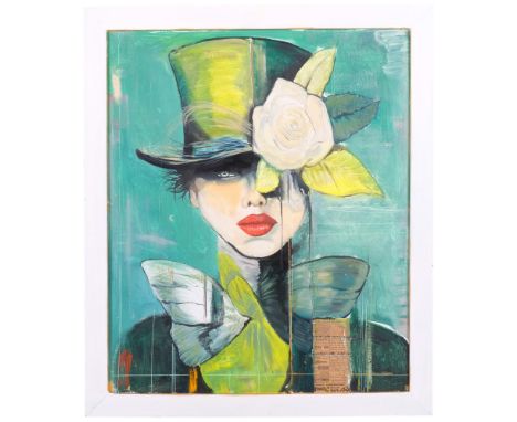Clive Fredriksson, Alice In Wonderland style portrait of a lady, oil on board, framed, overall 68cm x 58cm