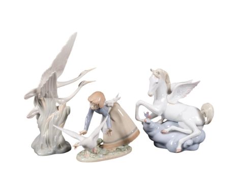 Lladro Pegasus, 6242, H18.5cm, girl with goose, and a NAO sculpture of cranes