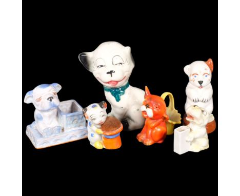 A collection of 6 Japanese ceramic Bonzo figures, including match holder and pin cushion, tallest 14cm, from the Gay Owen Col