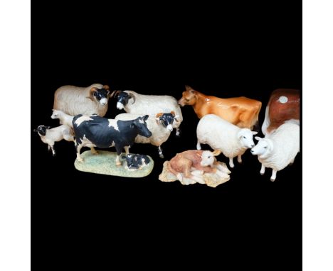 Ceramic bull and cow figure, and various ceramic and moulded Border Fine Arts farm animals