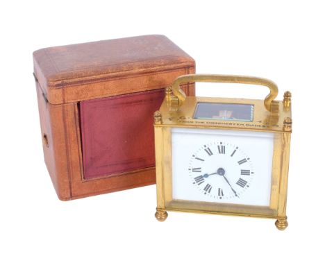 A French brass-cased carriage clock, white enamel dial with Roman numeral hour markers, blued steel hands, case height 8cm, i