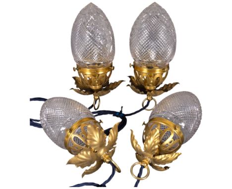 A set of 4 ornate gilt-brass pendant light fittings, with cut-crystal shades, H28cm