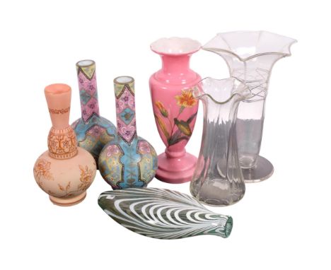 A pair of Harrach Bohemian hand painted Moroccan ware glass vases, circa 1880, a Thomas Webb fireglow satin glass vase, circa