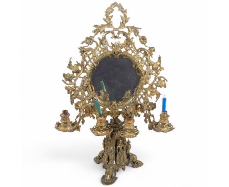 A 20th century French Rococo cast-brass dressing table girandole mirror, with 4 candle sconce arms, H65cm