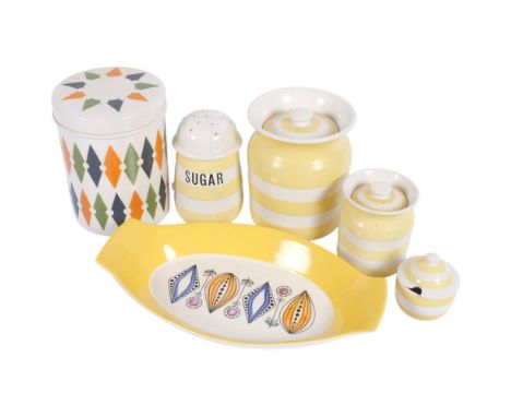 T G Green yellow and white Cornish Ware storage jar, H13cm, sugar caster, mustard pot and preserve pot, and T G Green Gresley