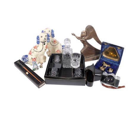 Staffordshire Spaniels, 29cm, cased cruet, Doulton decanter set, camera, Deco style figure, etc