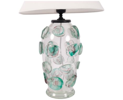 A contemporary designer glass table lamp, with a clear ovoid base, in the manner of Porta Romana, unmarked, with new shade, i