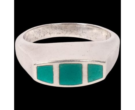 JUST ANDERSEN - a Danish modernist sterling silver green enamel geometric abstract ring, setting height 7.9mm, size I, 5.8gCe