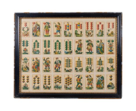 A framed and glazed set of19th century coloured playing cards, 54cm x 68cm