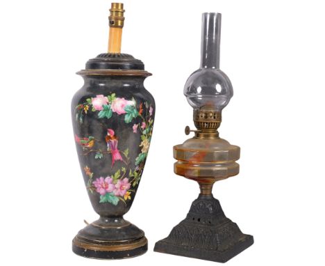 A Victorian oil lamp with cast-iron base, and a 19th century painted vase converted to an electric lamp, H48cm