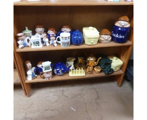 Wade Tetley Tea Collection figures and teapots, gold lustre teaware, and 2 Wade butter dishes