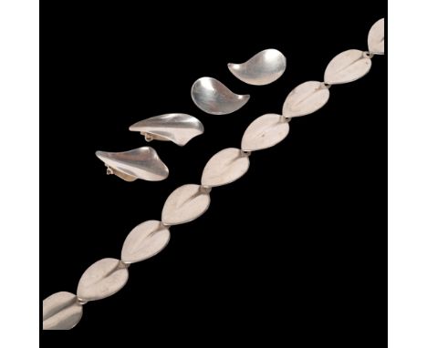 Various Danish modernist sterling silver jewellery, comprising E Dragsted leaf bracelet, 20cm, and 2 pairs of clip-on earring