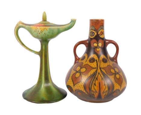 A 1930s Chameleon Ware vase with painted floral design, 19.5cm, and an oil lamp by the same maker