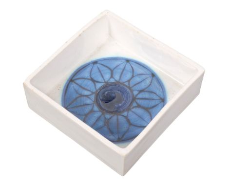A Troika St Ives Pottery square section dish, internal blue glaze leaf decoration, rubber stamp mark on base, W12cm4 small ch