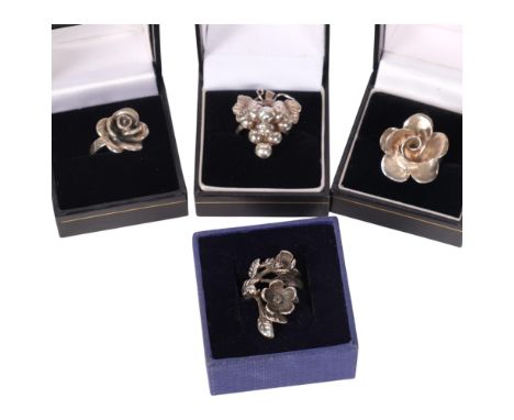 4 Danish silver floral rings, makers include Hermann Siersbol and Bonell, sizes L x 2, and M x 2, 29.4g total (4)No damage or