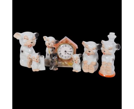 7 ceramic Bonzos made in Germany, circa 2001, including ceramic Bonzo clock, tallest 16cm, from the Gay Owen CollectionGood c
