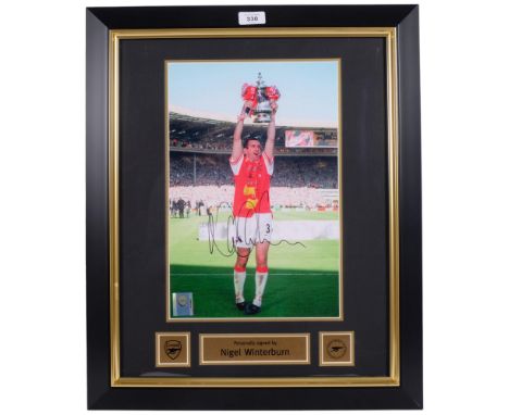 Signed framed limited edition print, Manchester United 0 - Arsenal 1, 2002, signed by Gary Branham and Silvain Wiltord, 55cm 