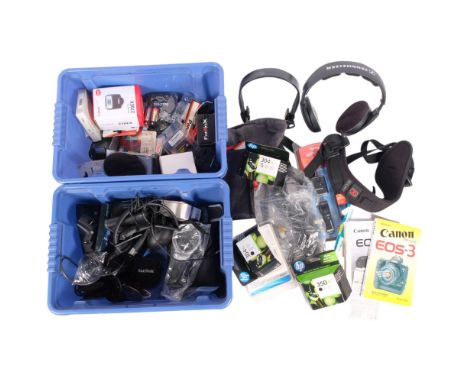 A quantity of various camera equipment and accessories, memory cards, filters, and other items, etc (2 boxfuls)