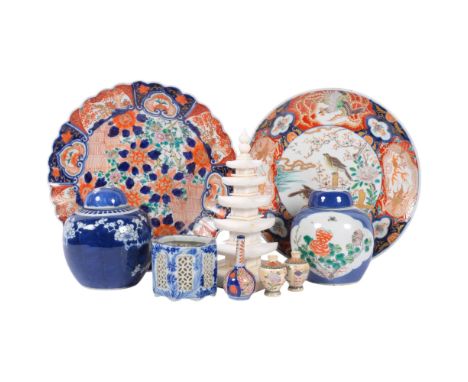 An Imari porcelain charger with scalloped rim, 31cm, another, miniature Satsuma and Imari vases, ginger jars, and a pagoda