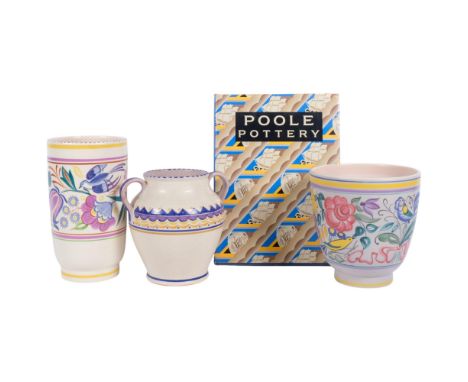 2 Poole Pottery vases with bird and floral designs, and a Truda Adams 2-handled pot and related book