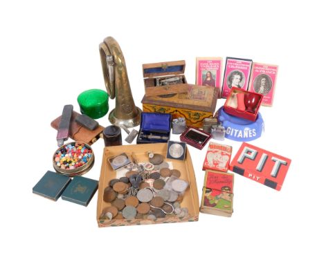 A German brass bugle, cigars, playing cards, razors, lighters, etc