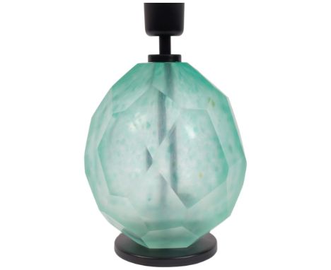 An Art Deco Italian design faceted frosted heavy glass table lamp with new shade, in working order with LED bulb, H40cm overa