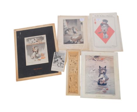 11 George Studdy print illustrations, including 4 playing card Bonzos from The Bystander, unframed, from the Gay Owen Collect