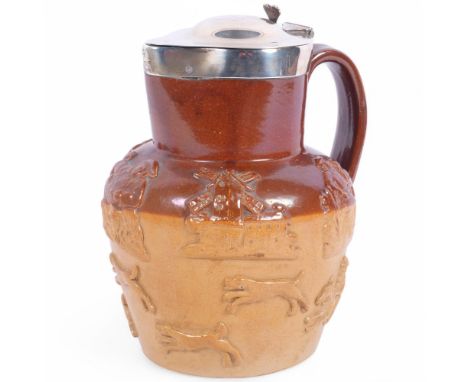 A Victorian Doulton Lambeth silver-mounted salt glaze stoneware 'Hunting' jug, with engraved armorial crest on lid, H18cmNo c