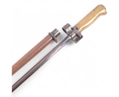 A First World War Period French Army Lebel M1886 epee bayonet, blade length 51cm, with brass hilt and original metal scabbard