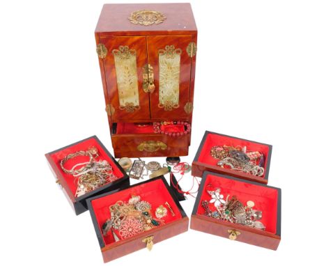 Various costume jewellery, in Chinese jade-mounted dressing table storage box
