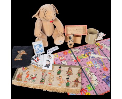 Bonzo Dog collectables, including a large soft toy 1990s, with bag labelled Bonzo Sitters London, Bonzo Chase board game and 