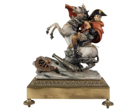 Polychrome porcelain figure inspired by Jacques-Louis David (French, 1748-1825) oil painting, Napoleon Crossing The Alps. Scu