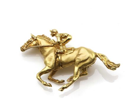 An 18ct gold racehorse brooch, by Harriet Glen, in the form of a cantering racehorse and jockey, with a satin finish to the h