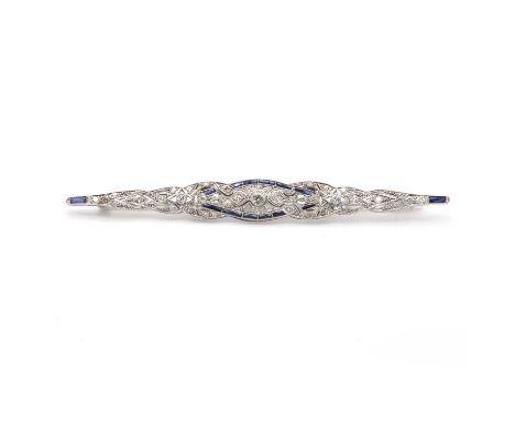 A Continental Art Deco synthetic sapphire and diamond plaque style bar brooch,with an old brilliant cut diamond milligrain se