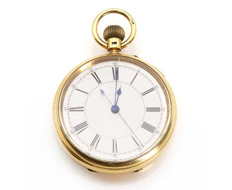 An 18ct gold pin set open faced chronograph pocket watch,52mm diameter, with a white enamel dial, black Roman numerals and bl