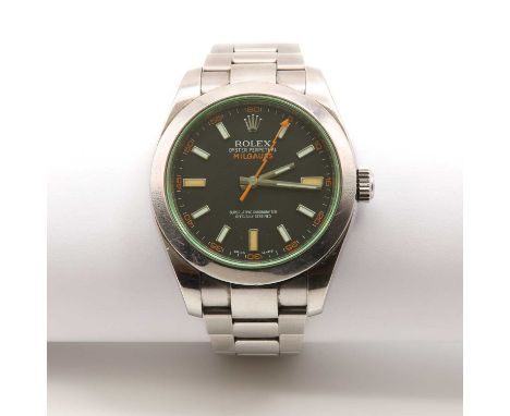 A gentlemen's stainless steel Rolex 'Milgauss' antimagnetic automatic bracelet watch, 40mm diameter, with a black dial with a