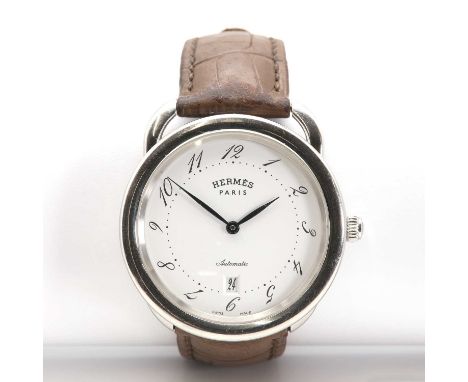A gentlemen's stainless steel Hermès 'Arceau' automatic strap watch,ref. AR7.710. 41mm diameter, with a white dial, black Ara