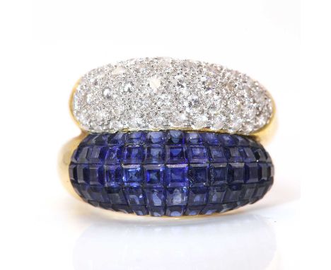 A Continental sapphire and diamond bombé form crossover ring,with pavé set graduated brilliant cut diamonds to one half, grad