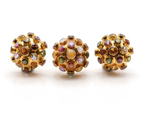A Brazilian gem set 'Sputnik' ring and earring suite, c.1960,possibly retailed by H. Stern, with the bombé form ring, rub set