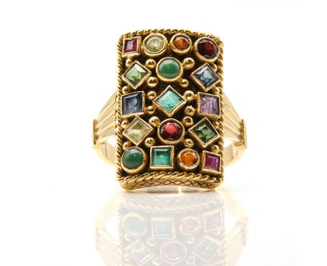 A Portuguese gold assorted gemstone plaque ring,with various examples of sapphire, ruby, emerald, garnet, amethyst and turquo