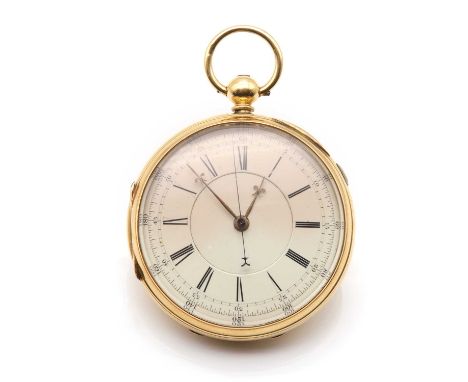 A Victorian 18ct gold key wound open faced chronograph pocket watch, 56mm diameter, with a cream dial, black Roman numerals, 