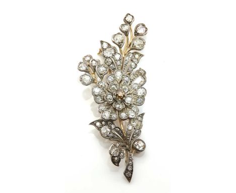 A late Victorian diamond set spray brooch,with a central flower head, with a fancy coloured old European cut diamonds, possib